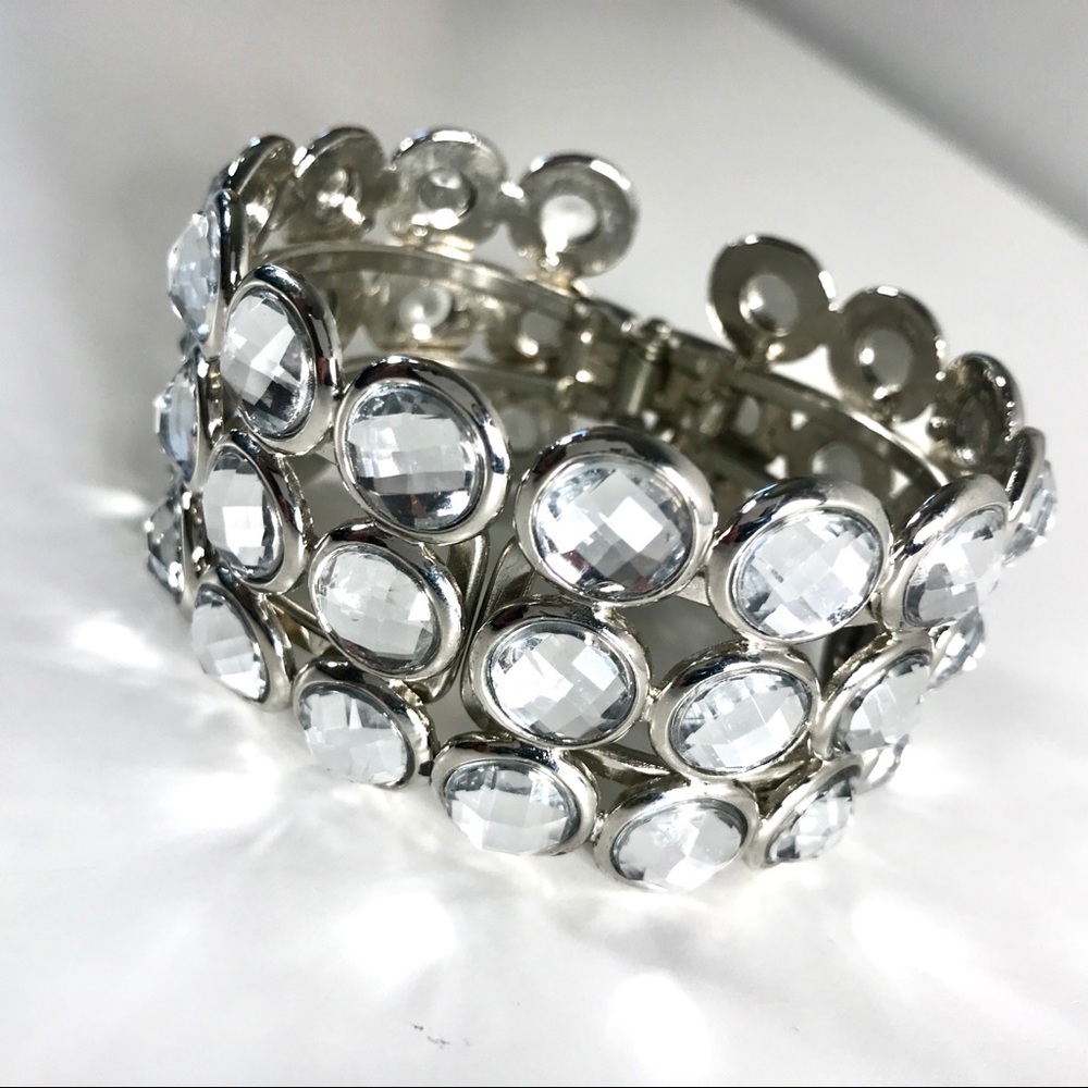 Large Rhinestone Silver Hinge Cuff Bracelet
